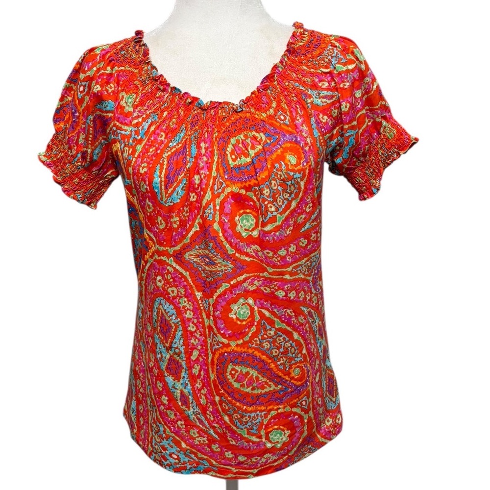 NWT Lauren Ralph Lauren Petite Orange Paisley Smocked Short Sleeve Top Size PS